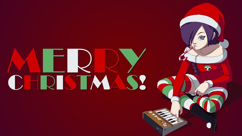 Anime Girl in Santa Outfit — Red, Festive, Winter, Digital Art, Santa Hat, Keyboard