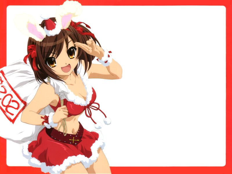 Anime Girl in Santa Outfit — Red, Festive, Winter, Santa Costume, Bunny Ears