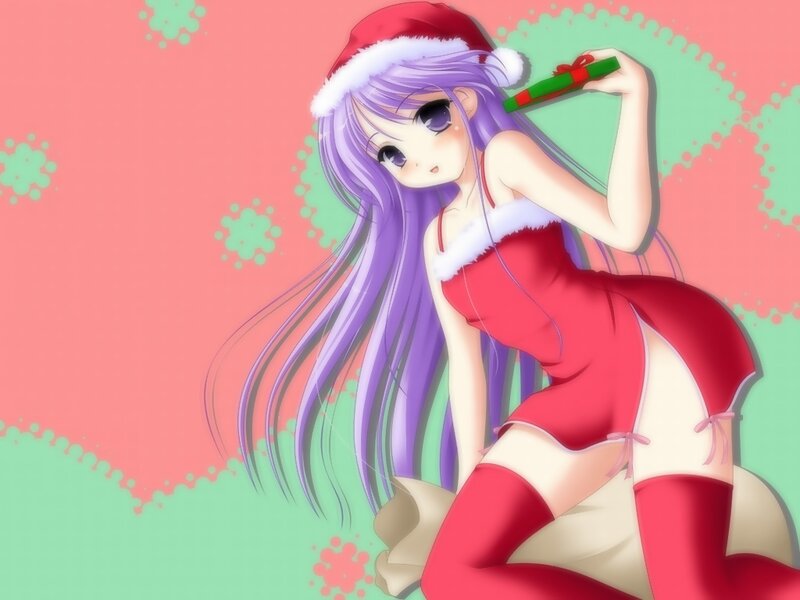 Anime Girl in Santa Outfit — Red, Festive, Winter, Santa Hat, Gift Box, Long Hair