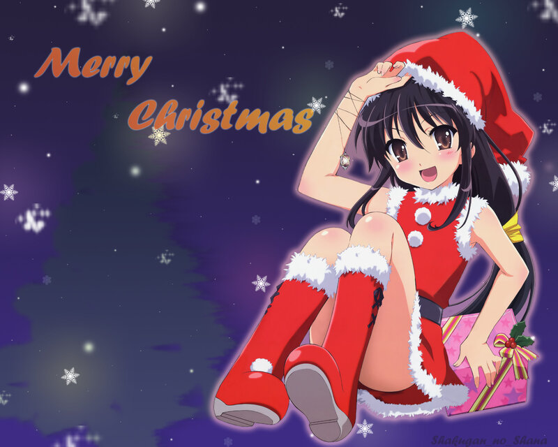 Anime Girl in Santa Outfit — Red, Festive, Winter, Santa Hat, Gift Box, Snowflakes