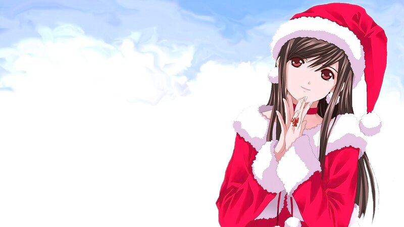 Anime Girl in Santa Outfit — Red, Festive, Winter, Santa Hat, Red Dress, Clouds