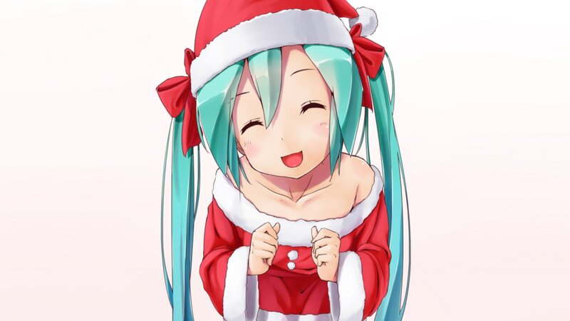 Anime Girl in Santa Outfit — Red, Festive, Winter, Santa Hat, Red Dress, Green Hair