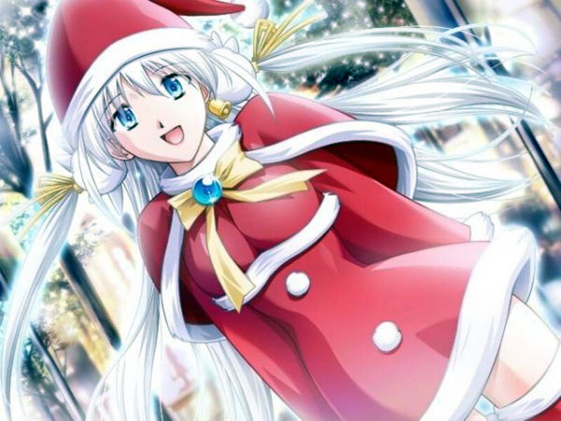 Anime Girl in Santa Outfit — Red, Festive, Winter, Santa Hat, White Hair