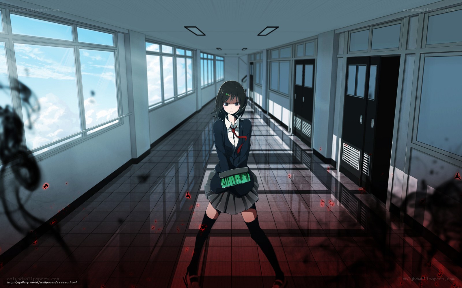 Anime girl in school hallway