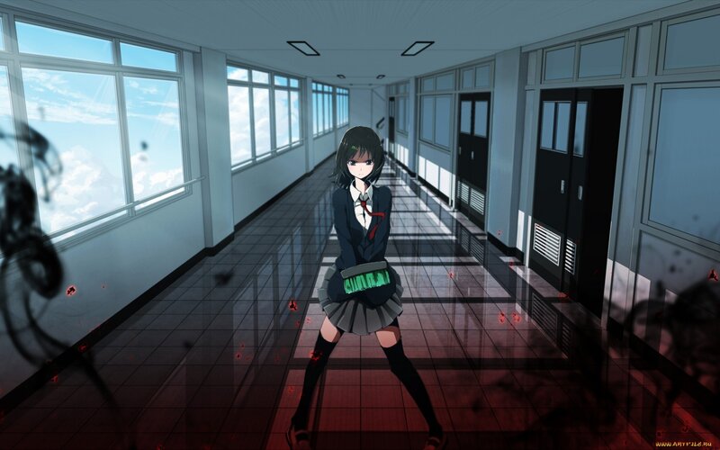 Anime girl in school hallway