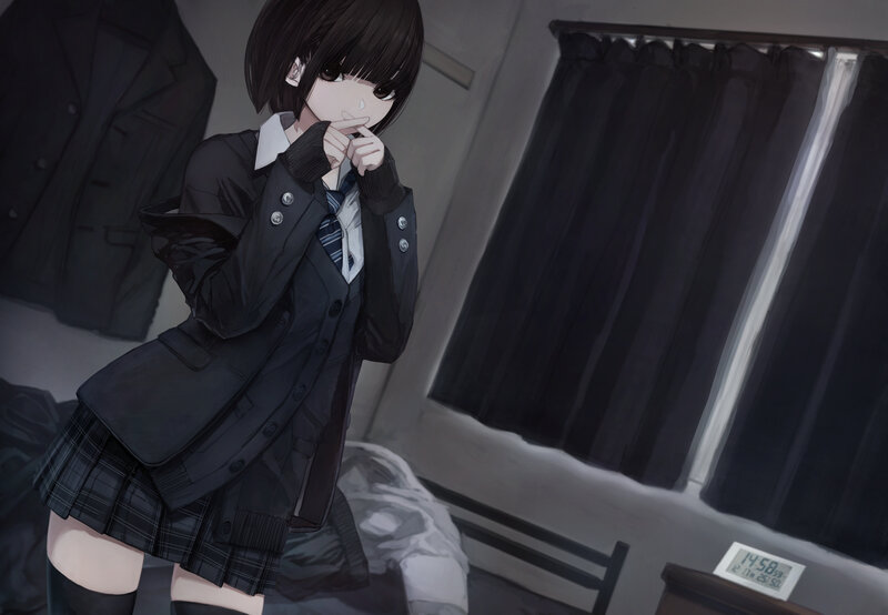 Anime Girl in School Uniform — Black, Calm, Afternoon, School Uniform, Bed