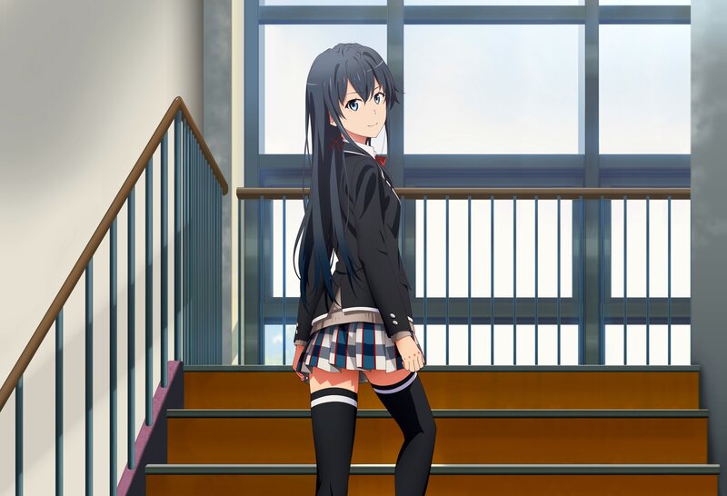 Anime Girl in School Uniform — Black, Calm, Afternoon, Stairs