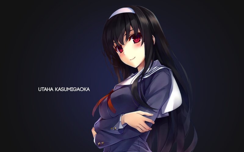Anime Girl in School Uniform — Black, Calm, School Uniform, Long Hair, Red Eyes