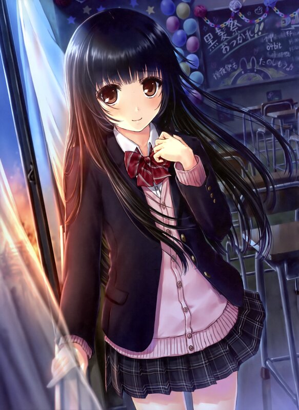 Anime Girl in School Uniform — Black, Calm, Sunset, Digital Art