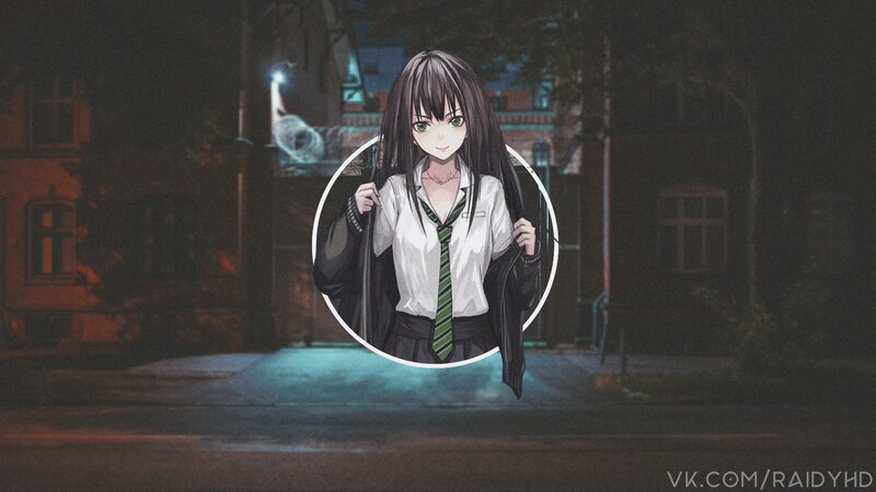 Anime Girl in School Uniform — Black, Dark, Night, Digital Art