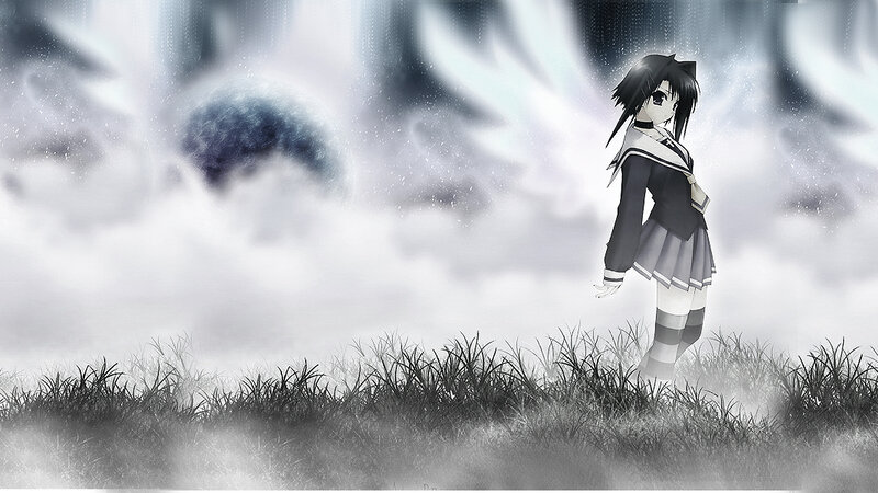 Anime Girl in School Uniform — Black, Dramatic, Digital Art, Grass