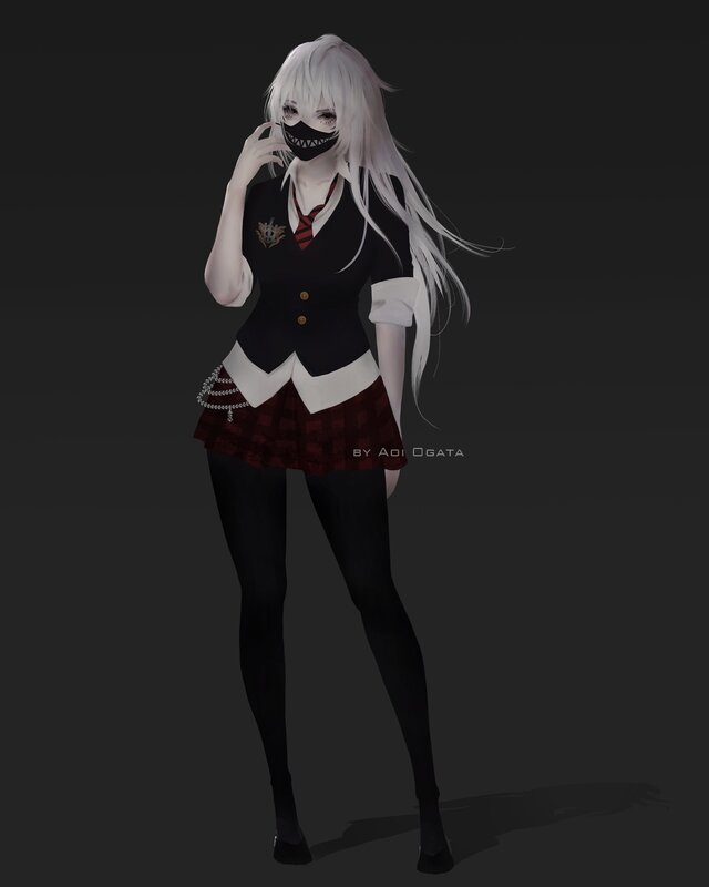 Anime Girl in School Uniform — Black, Dramatic, Digital Art, White Hair