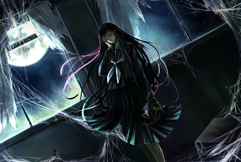 Anime Girl in School Uniform — Black, Dramatic, Night, Digital Art, Broken Glass