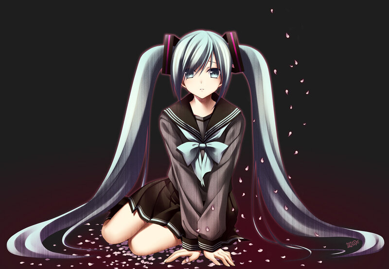 Anime Girl in School Uniform — Black, Dramatic, Night, Digital Art, Long Hair