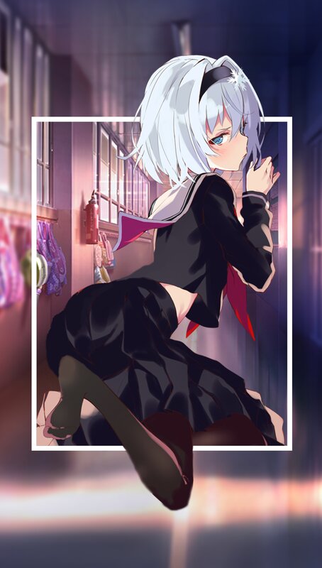Anime Girl in School Uniform — Black, Dramatic, Night, Digital Art, School Hallway