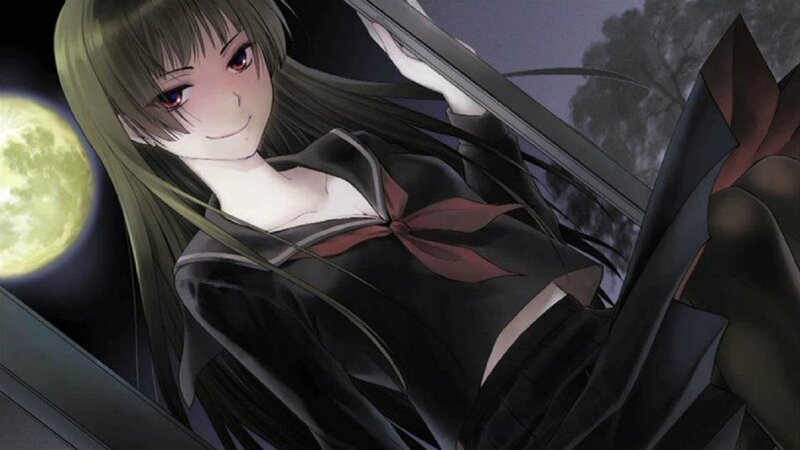Anime Girl in School Uniform — Black, Dramatic, Night, Moon