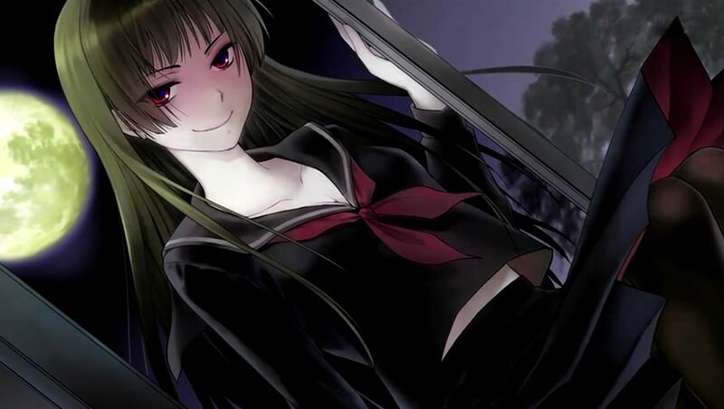 Anime Girl in School Uniform — Black, Dramatic, Night, Moon, Window