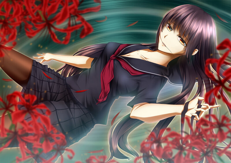 Anime Girl in School Uniform — Black, Dramatic, Red Flowers