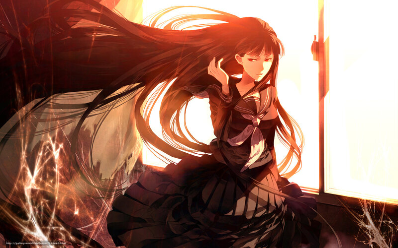 Anime Girl in School Uniform — Black, Dramatic, Sunset, Long Hair