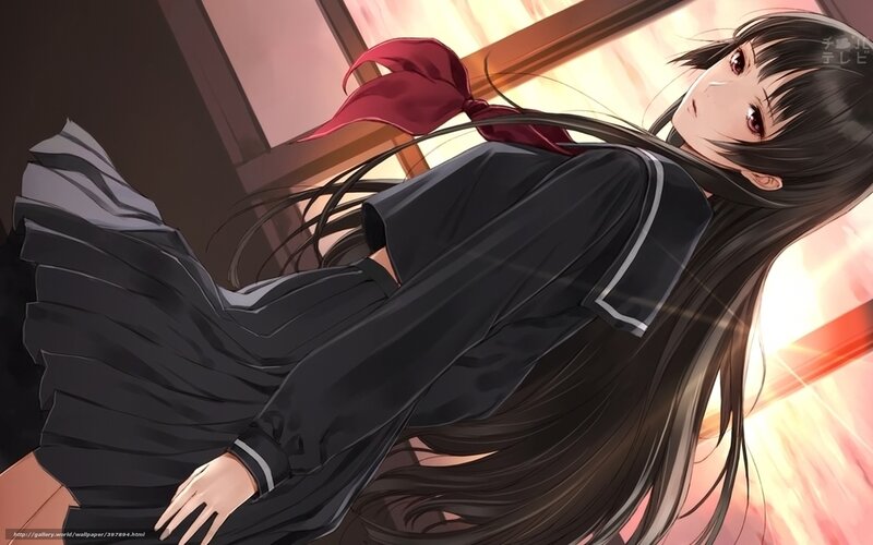 Anime Girl in School Uniform — Black, Dramatic, Sunset, School Uniform, Red Ribbon, Long Hair