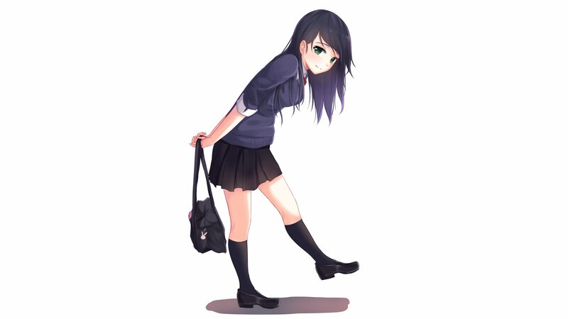 Anime Girl in School Uniform — Black, Neutral, Digital Art, School Bag
