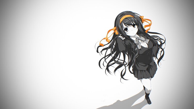 Anime Girl in School Uniform — Black, Neutral, Long Black Hair