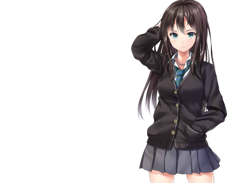 Anime Girl in School Uniform — Black, Neutral, School Uniform, Long Hair, Green Eyes