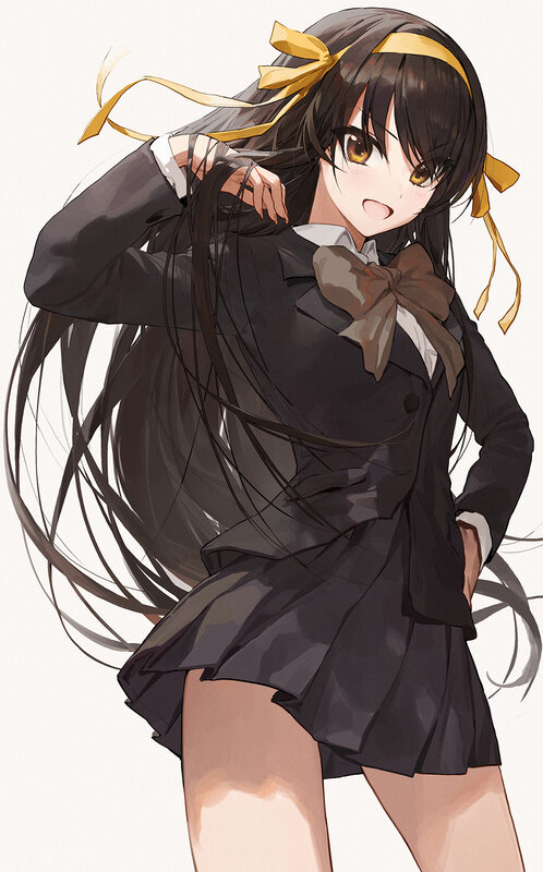 Anime Girl in School Uniform — Black, Playful, Digital Art, School Uniform, Yellow Ribbon