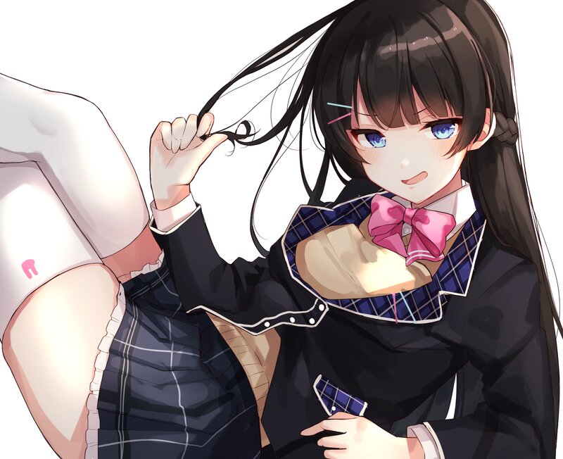 Anime Girl in School Uniform — Black, Playful, School Uniform, Blue Eyes