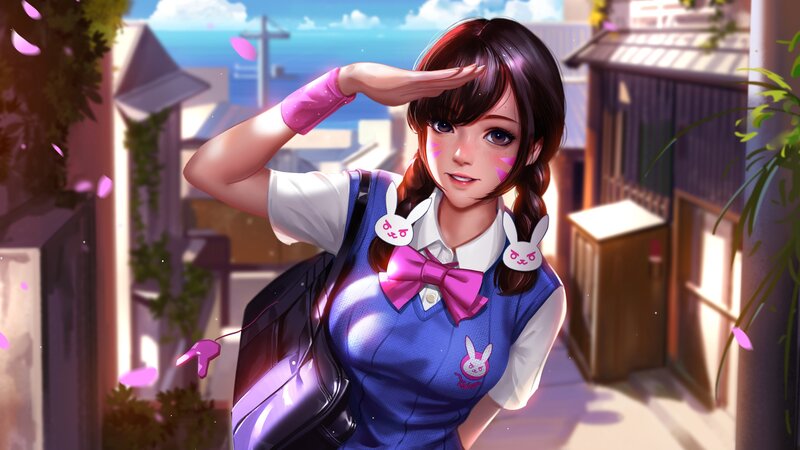 Anime Girl in School Uniform — Blue, Bright, Afternoon, Digital Art