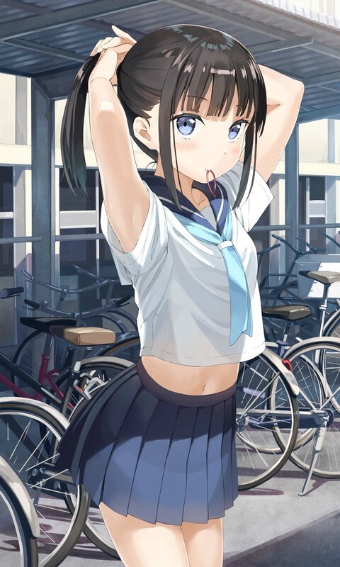 Anime Girl in School Uniform — Blue, Calm, Afternoon, Bicycles