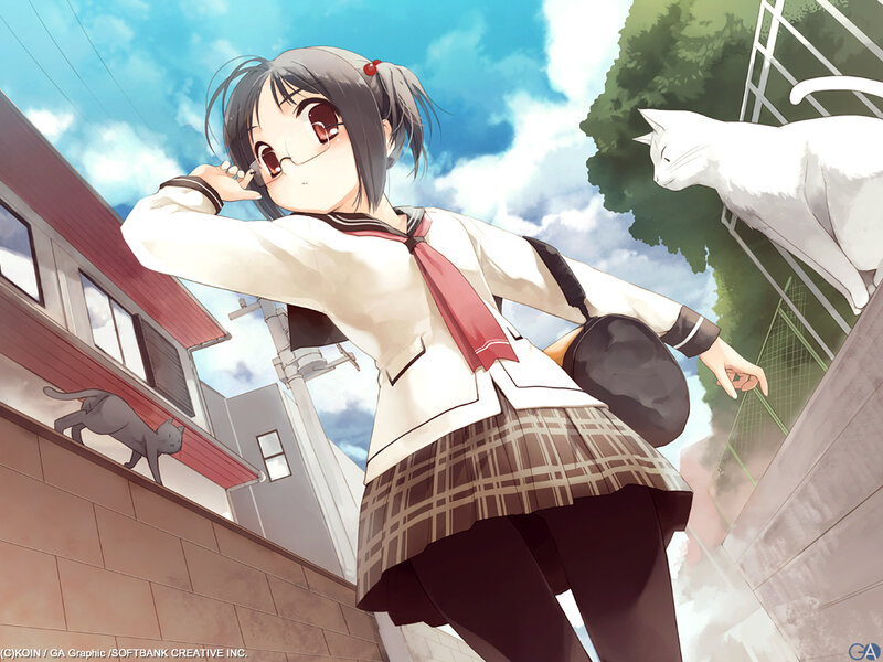 Anime Girl in School Uniform — Blue, Calm, Afternoon, Cat