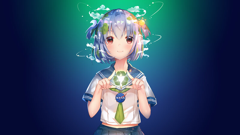 Anime Girl in School Uniform — Blue, Calm, Digital Art, School Uniform, Nasa Logo