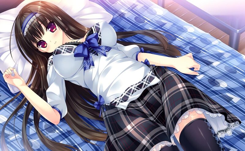 Anime Girl in School Uniform — Blue, Calm, Morning, Bed, Pillow