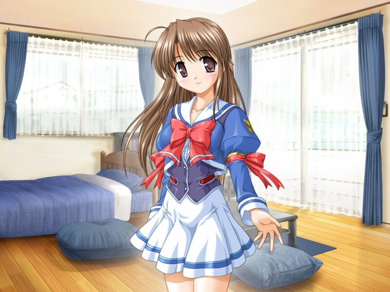 Anime Girl in School Uniform — Blue, Calm, Morning, Bed