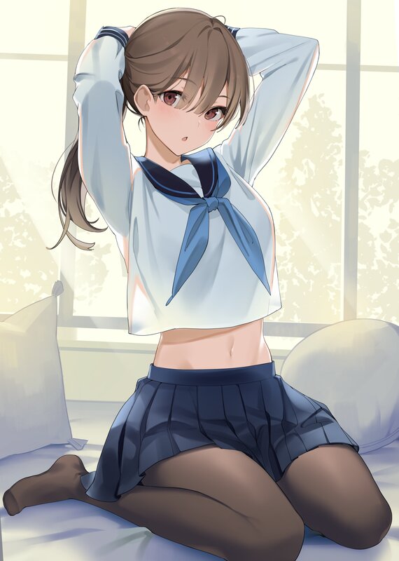 Anime Girl in School Uniform — Blue, Calm, Morning, Digital Art