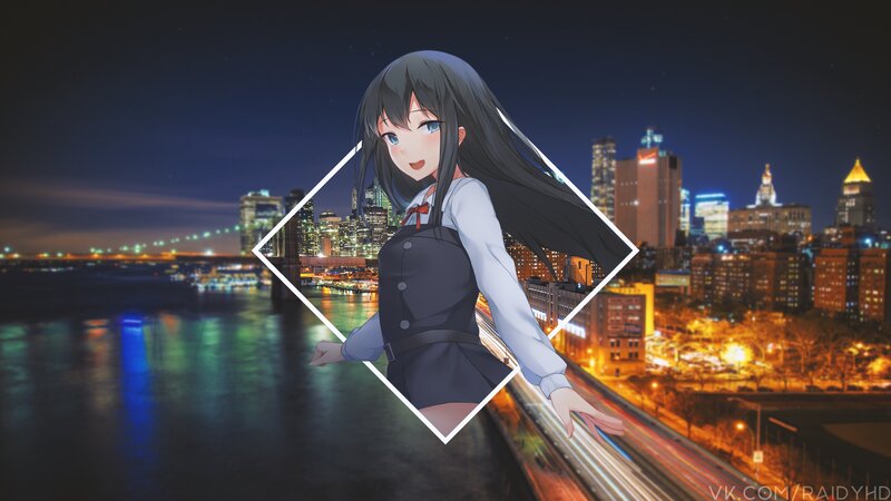 Anime Girl in School Uniform — Blue, Calm, Night, Digital Art