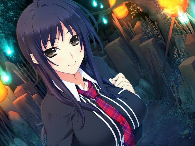 Anime Girl in School Uniform — Blue, Calm, Night, School Uniform, Lanterns