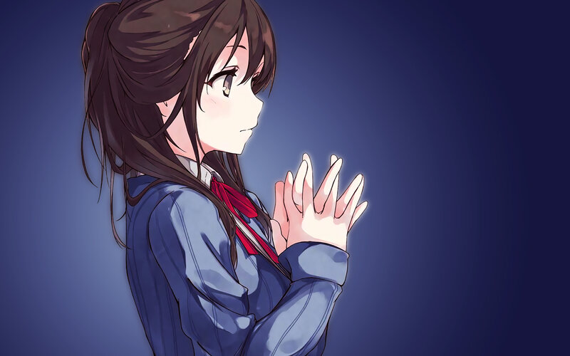 Anime Girl in School Uniform — Blue, Calm, School Uniform, Ponytail, Hands