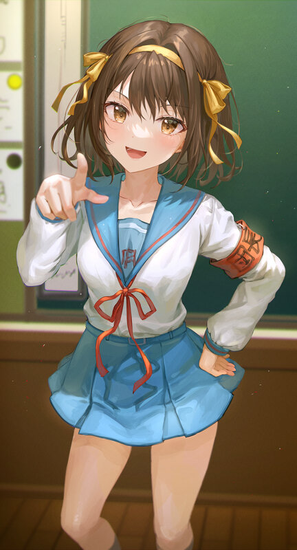Anime Girl in School Uniform — Blue, Cheerful, Digital Art, School Uniform, Ribbon