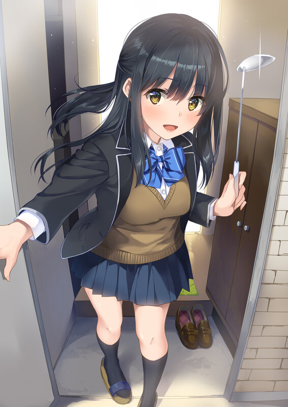 Anime Girl in School Uniform — Blue, Cheerful, Morning