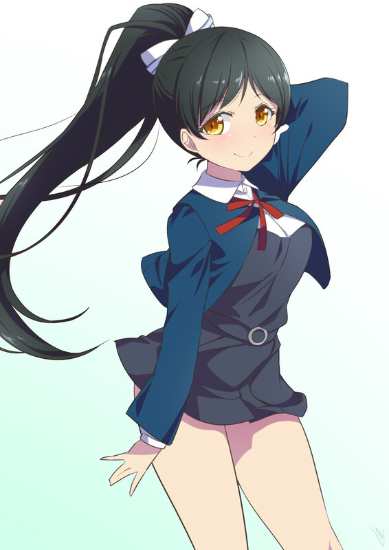 Anime Girl in School Uniform — Blue, Cheerful, School Uniform, Ponytail