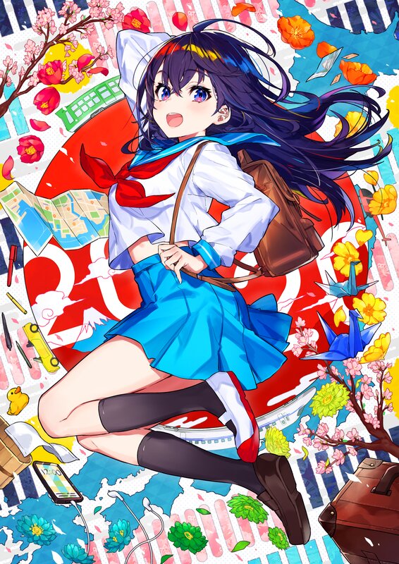 Anime Girl in School Uniform — Blue, Cheerful, Spring, Sakura Blossoms