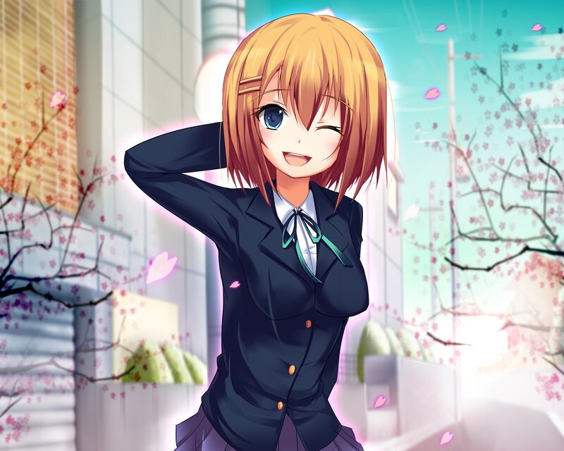 Anime Girl in School Uniform — Blue, Cheerful, Spring