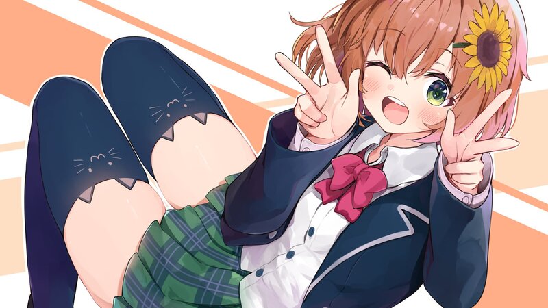 Anime Girl in School Uniform — Blue, Cheerful, Sunflower