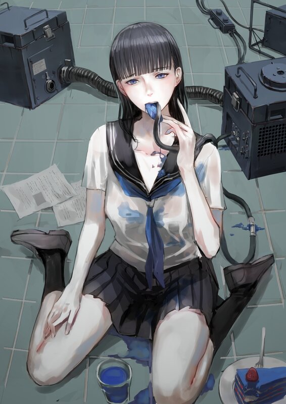 Anime Girl in School Uniform — Blue, Dramatic, Digital Art, School Uniform, Blue Liquid