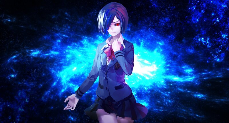Anime Girl in School Uniform — Blue, Dramatic, Digital Art, School Uniform, Red Eyes