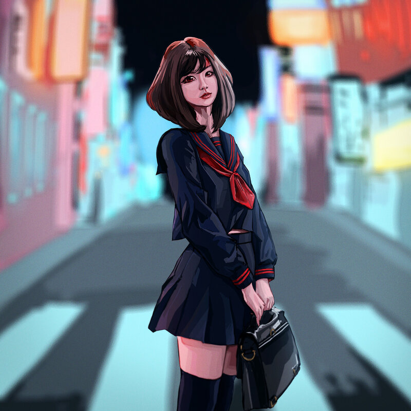 Anime Girl in School Uniform — Blue, Dramatic, Night, Digital Art, School Bag