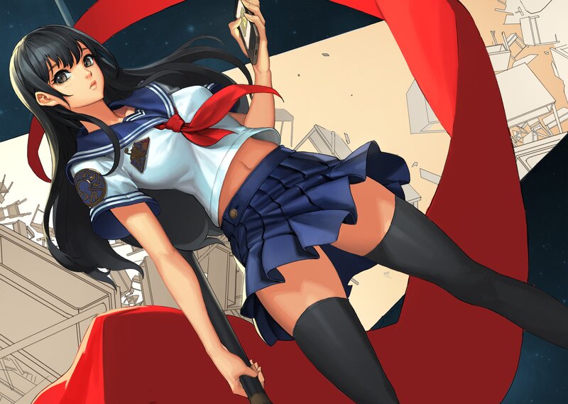 Anime Girl in School Uniform — Blue, Dramatic, Night, Digital Art