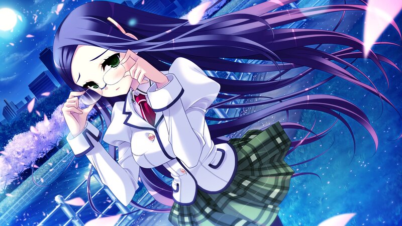 Anime Girl in School Uniform — Blue, Dramatic, Night, Glasses